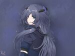 1girl blue_bodysuit blue_eyes bodysuit commentary english_commentary from_behind fu_hua fu_hua_(shadow_knight) grey_hair highres honkai_(series) honkai_impact_3rd long_hair satyharvenheit simple_background solo upper_body very_long_hair 