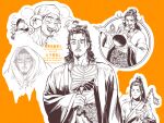 2boys all_wishes_come_true! alternate_hairstyle bathing blanket blush chinese_clothes closed_eyes coat commentary_request facial_hair food hair_bun hair_ornament half_updo hand_fan hanfu high_ponytail highres holding holding_blanket holding_fan index_finger_raised leaf_belt leaf_fan leaf_hair_ornament leaf_ornament long_hair long_sleeves lv_dongbin_(all_wishes_come_true!) male_focus momochi_(bmbmomomo) monochrome multiple_boys multiple_views mustache mustache_stubble on_head onsen open_clothes open_coat open_mouth orange_background ponytail realistic robe rubber_duck sash sidelocks simple_background single_hair_bun smile solo_focus sparkle steam stubble sweat sword sword_on_back sword_tassel tassel towel towel_on_head twitter_username under_covers upper_body washing_clothes water watermark weapon weapon_on_back weapon_tassel wet wide_sleeves zhongli_quan_(all_wishes_come_true!) 