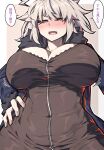  1girl ahoge black_dress blue_coat blush bouncing_breasts breasts coat commentary_request dress elegomosu embarrassed fate/grand_order fate_(series) fatter_than_canon full-length_zipper fur-trimmed_coat fur-trimmed_jacket fur-trimmed_sleeves fur_trim hand_on_own_hip highres jacket jeanne_d'arc_alter_(fate) jeanne_d'arc_alter_(ver._shinjuku_1999)_(fate) large_breasts long_sleeves looking_at_viewer official_alternate_costume open_clothes open_coat open_mouth short_dress short_hair solo white_hair yellow_eyes zipper zipper_dress 