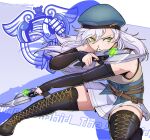  1girl absurdres belt_pouch beret boots detached_sleeves dual_wielding eiyuu_densetsu fie_claussell green_eyes gunblade hair_between_eyes hat high_heel_boots high_heels highres holding kuro_no_kiseki_(series) kuro_no_kiseki_i long_hair ninjadalua parted_bangs pouch simple_background skirt thighs weapon white_hair 