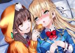  2girls :d =_= animal_on_head asakura_karen_(heaven_burns_red) blonde_hair blue_jacket blunt_bangs blush bow bowtie braid brown_hair cat cat_on_head chips_(food) closed_eyes collared_shirt commentary_request dutch_angle embarrassed eyelashes eyes_visible_through_hair feeding food green_eyes hair_between_eyes hair_ribbon hair_spread_out half_up_braid hands_up head_on_pillow heaven_burns_red highres holding holding_food hood hood_up hooded_jacket jacket long_hair long_sleeves looking_at_another low_twintails lower_teeth_only lying multiple_girls munakurasora nose_blush official_style on_back on_bed on_head on_side open_clothes open_jacket open_mouth orange_eyes pillow potato_chips red_bow red_bowtie ribbon shirt side-by-side sidelocks smile story_in_commentary sweatdrop teeth tojo_tsukasa twintails upper_body white_cat white_ribbon white_shirt yuri 