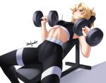  1girl artist_name bench_press black_scrunchie blonde_hair blush breasts closed_mouth commentary dumbbell english_commentary exercising fate_(series) green_eyes medium_breasts midriff mordred_(fate) pants ponytail scrunchie simple_background solo sports_bra spread_legs weightlifting yoga_pants zealyush 