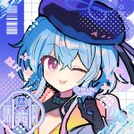  1boy arknights beret black_gloves blue_hair blue_hat commentary_request gloves hair_between_eyes hat highres holding infection_monitor_(arknights) long_hair looking_at_viewer male_focus mizuki_(arknights) multicolored_hair pink_eyes pink_hair shirocha_tei shirt smile solo 