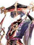  1boy arm_at_side armor black_hat black_kimono black_sleeves blunt_ends bright_pupils commentary_request csye003 eyelashes eyeliner furisode genshin_impact gold hand_up hat hat_tip highres japanese_armor japanese_clothes jewelry jingasa juban kimono kote kurokote kusazuri layered_sleeves looking_to_the_side makeup male_focus mandarin_collar mitsudomoe_(shape) neck_ring o-ring open_clothes open_kimono parted_lips partially_shaded_face puff_of_air purple_eyes purple_rope purple_sash purple_sleeves red_eyeliner red_hat red_kimono red_sash rope sash scaramouche_(genshin_impact) scaramouche_(harbinger)_(genshin_impact) shimenawa sketch solo tassel tomoe_(symbol) tsurime two-tone_hat upper_body white_background white_kimono white_mouth white_pupils white_rope wispy_bangs wolf_cut 