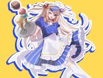  1girl :d abi_kyouka absurdres apron blonde_hair blue_outline blue_shirt blue_skirt blush cherry_hair_ornament commentary_request double_bun food food-themed_hair_ornament frilled_apron frilled_skirt frills hair_between_eyes hair_bun hair_ornament headphones headphones_around_neck highres holding holding_tray ice_cream long_hair name_tag one_eye_closed open_mouth original outline puffy_sleeves shirt simple_background skirt smile thighhighs tray very_long_hair visor_cap waist_apron waitress white_apron white_thighhighs yellow_background 