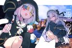  2girls :d animal_hat bandaid bandaid_on_leg black_shirt black_thighhighs blue_jacket blue_shirt blue_skirt border cellphone closed_mouth colored_tips commentary_request frilled_hairband frilled_sleeves frills fuukadia_(narcolepsy) hair_over_one_eye hairband hat heterochromia holding holding_phone jacket jogasaki_noah long_hair long_sleeves looking_at_viewer mahou_shoujo_no_majo_saiban multi-tied_hair multicolored_hair multiple_girls natsume_an-an official_alternate_costume one_eye_covered open_mouth paintbrush phone photo_background pleated_skirt purple_eyes rabbit_hat red_eyes shirt single_thighhigh skirt sleeves_past_fingers sleeves_past_wrists smartphone smile squatting streaked_hair thighhighs white_border white_hair wide_sleeves yellow_eyes 