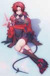  1boy bishounen black_bodysuit black_gloves black_shoes black_shorts black_socks blush bodysuit closed_mouth collarbone commentary crossed_legs csv1106 english_commentary full_body gloves hair_over_one_eye highres holostars holostars_english legwear_garter looking_at_viewer machina_x_flayon machina_x_flayon_(1st_costume) male_focus mecha_pilot_suit paw_shoes red_eyes red_hair shadow shoes short_hair shorts simple_background sitting skin_tight socks solo tail thighs virtual_youtuber white_background 