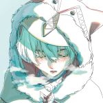  1boy alyosha_(genshin_impact) animal_ears blue_shirt blush cape colored_eyelashes commentary_request earmuffs fake_animal_ears freckles fur-trimmed_cape fur_trim genshin_impact green_hair hair_between_eyes half-closed_eyes highres hood hooded_cape looking_down male_focus monaka_oo2 open_mouth shirt short_hair simple_background solo steam teeth tongue turtleneck turtleneck_shirt upper_body white_background white_cape yellow_eyes 