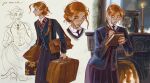  1girl bag blazer book brown_hair candle clock closed_mouth collared_shirt facing_to_the_side fireplace hair_bun handbag highres holding holding_book holding_own_skirt holding_pen jacket jenishiiarts josephine_march little_women long_skirt mirror multiple_views necktie pen shirt single_hair_bun sketch skirt standing suitcase updo writing 