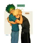  +++ ... 2boys absurdres arm_up arms_around_another's_back bakugou_katsuki black_pants black_shirt blonde_hair blue_pants blue_shirt boku_no_hero_academia bracelet closed_mouth colored_speech_bubble commentary denim drawstring english_commentary feet_out_of_frame frown green_eyes green_hair hand_in_another's_hair highres hug jeans jewelry kiruamustdraw male_focus midoriya_izuku multiple_boys multiple_scars pants red_eyes scar scar_on_arm scar_on_cheek scar_on_face shirt short_hair short_sleeves speech_bubble spiked_hair spoken_ellipsis standing striped_clothes striped_pants t-shirt vertical-striped_clothes vertical-striped_pants very_short_hair yaoi 