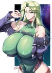  1girl animal_collar arm_behind_back arm_tattoo artist_name bare_shoulders blonde_hair border breasts closed_mouth collar collarbone commentary covered_navel covered_nipples cropped_jacket english_commentary green_eyes green_hair green_leotard haganef huge_breasts impossible_clothes impossible_leotard jacket lamia_loveless leotard long_hair looking_at_viewer off_shoulder revision shoulder_tattoo signature solo star_(sky) starry_sky_background super_robot_wars super_robot_wars_advance super_robot_wars_original_generation tattoo white_border 