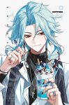  0jae 1boy black_jacket black_nails black_shirt blue_hair character_name closed_mouth cross cross_necklace cup dottore_(genshin_impact) food genshin_impact glass hair_between_eyes highres holding holding_cup holding_spoon ice_cream jacket jewelry long_hair male_focus necklace red_eyes ring shirt solo spoon sundae white_shirt 