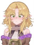  1girl 1other absurdres bare_shoulders blonde_hair blush breasts commentary_request cookie_(touhou) green_eyes highres implied_prostitution joker_(cookie) medium_breasts medium_hair mizuhashi_parsee open_mouth pointy_ears simple_background sweatdrop touhou ukiuki_ukio white_background yajuu_senpai yen 