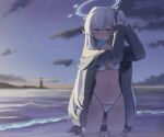  1girl absurdres adjusting_hair bikini blue_archive blue_halo blurry blurry_background blush breasts cloud collarbone commentary_request commission cowboy_shot criss-cross_strings csham food food_in_mouth grey_jacket hair_ornament hair_scrunchie halo highleg highleg_bikini highres holding holding_food holding_popsicle jacket lighthouse long_hair long_sleeves medium_breasts miyako_(blue_archive) miyako_(c108_swimsuit)_(blue_archive) mouth_hold navel ocean official_alternate_costume one_side_up open_clothes open_jacket outdoors popsicle popsicle_in_mouth purple_eyes purple_sky ring_of_light_(blue_archive) scrunchie shore side-tie_bikini_bottom sidelighting skeb_commission sky solo stomach sunrise swimsuit very_long_hair wading water white_bikini white_hair 
