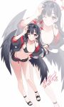  1girl :d ;d belt bikini black_bikini black_eyes black_hair black_jacket black_sandals black_shorts black_wings blue_archive breasts dated grin halo hand_on_own_hip highres ichika_(blue_archive) ichika_(swimsuit)_(blue_archive) jacket leaning_forward long_hair looking_at_viewer low_wings navel official_alternate_costume one_eye_closed open_belt open_clothes open_jacket red_belt red_halo sandals short_shorts shorts signature simple_background small_breasts smile sunglasses suzuhira_hiro swimsuit white_background wings zoom_layer 