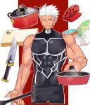  1boy 8ya87 archer_(fate) armor breastplate chef chocolate_lady_no_karasawagi commentary_request cooking cutting_board dark-skinned_male dark_skin fate/grand_order fate_(series) food fried_rice grilling hair_slicked_back kanshou_&amp;_bakuya_(fate) male_focus muscular muscular_male smile solo spatula sword weapon white_hair 