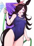  1girl animal_ears bare_shoulders blue_one-piece_swimsuit blush bow_hairband breasts brown_hair commentary covered_navel flipped_hair hair_over_one_eye hairband highres holding holding_hose horse_ears horse_girl horse_tail hose long_hair looking_at_viewer one-piece_swimsuit open_mouth pink_hairband purple_eyes rice_shower_(umamusume) school_swimsuit sempaipai small_breasts smile solo swimsuit tail teeth umamusume upper_teeth_only water 