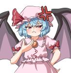  1girl :< anger_vein angry bat_wings blue_hair bow closed_mouth collared_shirt commentary double-parted_bangs english_commentary frilled_shirt_collar frilled_sleeves frills hand_on_own_hip hand_up hat hat_ribbon highres mob_cap narrowed_eyes pink_hat pink_shirt pink_skirt pout praeto puffy_short_sleeves puffy_sleeves red_bow red_eyes red_ribbon remilia_scarlet ribbon shirt short_hair short_sleeves sideways_glance skirt sleeve_bow solo touhou upper_body v-shaped_eyebrows white_background wings zun_pose 