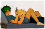  ... 2boys absurdres arm_up bakugou_katsuki black_pants black_shirt blonde_hair blue_male_underwear boku_no_hero_academia border bracelet closed_eyes closed_mouth commentary earbuds earphones english_commentary from_side green_eyes green_hair highres holding jewelry kiruamustdraw lying male_focus male_underwear midoriya_izuku multiple_boys multiple_scars on_back on_stomach pants parted_bangs pillow profile scar scar_on_arm scar_on_cheek scar_on_face shirt short_hair sleeping socks spiked_hair table toned toned_male underwear very_short_hair white_border yaoi zzz 