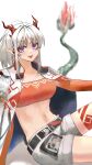  1girl absurdres arknights bandeau belt black_belt breasts commentary_request cowboy_shot crop_top dragon_girl dragon_horns dragon_tail earrings fire flame-tipped_tail green_tail highres horns jacket jewelry looking_at_viewer navel nian_(arknights) open_mouth partial_commentary pointy_ears purple_eyes red_bandeau red_horns short_hair shorts simple_background sitting smile solo tail tail_raised tesuryu tongue tongue_out two-sided_fabric two-sided_jacket white_background white_hair white_jacket white_shorts 