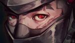  1boy black_background blackwatch_genji close-up commentary cyborg english_commentary eye_focus eyelashes genji_(overwatch) highres looking_at_viewer male_focus multiple_scars overwatch pykeling red_eyes sanpaku scar scar_on_face simple_background solo 