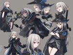  1girl arknights artist_name black_gloves black_hat black_jacket black_pants clothing_cutout commentary crossed_arms frown gloves grey_hair hair_between_eyes hat highres holding holding_sword holding_weapon jacket long_hair multiple_views okukin_07 pants parted_lips red_eyes skadi_(arknights) split_mouth sword sword_on_back thigh_cutout very_long_hair weapon weapon_on_back 
