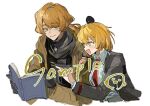  1boy 1girl a_certain_sinclair_(project_moon) black_gloves black_jacket black_shirt blonde_hair book brown_coat chinese_commentary coat collared_shirt commentary_request commission cropped_torso don_quixote_(project_moon) gloves highres jacket jingshenhuanghu light_smile limbus_company looking_at_another looking_at_object medium_hair necktie open_book open_mouth pointing project_moon reading red_necktie sample_watermark scar scar_on_cheek scar_on_face shirt sinclair_(project_moon) sparkling_eyes upper_body watermark white_shirt yellow_eyes 