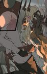  1girl 2boys arknights blonde_hair blurry blurry_background bodystocking closed_eyes clothed_female_nude_male defeat dress from_side highres horns m-18 motion_blur multiple_boys multiple_views nude rape reed_(arknights) reed_the_flame_shadow_(arknights) tears third-party_source torn_bodystocking torn_clothes uncensored vaginal 