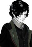  1boy black_hair black_vest bloodborne brown_eyes coat commentary_request greyscale highres micolash_host_of_the_nightmare monochrome necktie pale_skin profile shikimi_yusa shirt short_hair simple_background smile sweater_vest vest 