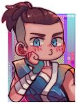  1boy artist_name avatar:_the_last_airbender avatar_legends bandaged_arm bandages blue_eyes blue_gloves blue_tunic border brown_hair chibi choker commentary dark-skinned_male dark_skin dated_commentary english_commentary fingerless_gloves gloves looking_at_viewer maewenmitzuki male_focus outside_border ponytail short_hair short_ponytail sleeveless sokka solo tunic undercut upper_body white_border white_choker 