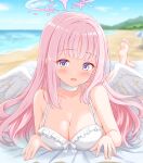  1girl aqua_hair bare_shoulders beach bikini blue_archive blush breasts cleavage collarbone commentary frilled_bikini frills gradient_hair halo highres hinata_mizore large_breasts long_hair looking_at_viewer low_wings lying mika_(blue_archive) mika_(swimsuit)_(blue_archive) multicolored_eyes multicolored_hair navel official_alternate_costume official_alternate_hairstyle on_stomach open_mouth outdoors pink_hair pink_halo purple_eyes solo stomach sunset swimsuit two-tone_eyes very_long_hair white_bikini wing_ornament wings yellow_eyes 