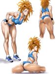  1girl :o abs absurdres ass bandaid bandaid_on_face bent_over blue_buruma blue_shoes blue_sports_bra breasts buruma captain_mizuki carlx945380 cleavage earrings from_behind front_sitting_split high_ponytail highres jewelry large_breasts multiple_views muscular muscular_female one-punch_man ponytail purple_eyes shoes sitting_split sneakers split sports_bra standing sweatband white_background 