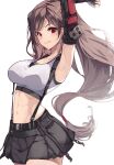  1girl abs absurdres arms_up belt black_bra black_skirt bra breasts brown_hair closed_mouth commentary_request cowboy_shot crop_top final_fantasy final_fantasy_vii final_fantasy_vii_remake fingerless_gloves gloves highres large_breasts long_hair low-tied_long_hair low_ponytail ponytail red_eyes risumi_(taka-fallcherryblossom) shirt single_arm_guard skirt sleeveless sleeveless_shirt smile solo sports_bra stomach stretching suspenders tifa_lockhart underwear very_long_hair white_shirt 