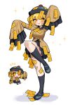  1girl black_hat black_socks blonde_hair breasts chibi commentary_request don_quixote_(project_moon) dot_nose dress e.g.o_(project_moon) full_body hat highres jiangshi large_breasts limbus_company long_sleeves looking_at_viewer open_mouth project_moon red_sheet_(e.g.o) ro/ku simple_background socks solo yellow_eyes 