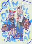  2girls ahoge animal_ears bag bag_charm bamboo_memory_(umamusume) black_neckerchief black_pantyhose black_sailor_collar black_shirt black_skirt blue_eyes blue_jacket blue_sailor_collar blue_skirt blush brooch cardigan cardigan_around_waist character_charm charm_(object) clothes_around_waist dicta_striker_(umamusume) ear_covers ear_ornament giragira_egao glasses gold_city_(umamusume) grey_hair grey_tail hair_between_eyes hair_ornament hairband highres holding_hands horse_ears horse_girl horse_tail inari_one_(umamusume) jacket jewelry long_hair long_sleeves mejiro_ardan_(umamusume) mejiro_ryan_(umamusume) multicolored_hair multicolored_hairband multiple_girls neckerchief oguri_cap_(umamusume) open_clothes open_jacket pantyhose red_neckerchief sailor_collar sakura_chiyono_o_(umamusume) school_bag school_uniform serafuku shirt skirt smile striped_clothes striped_hairband super_creek_(umamusume) tail tamamo_cross_(umamusume) two-tone_hairband umamusume umamusume:_cinderella_gray white_shirt yaeno_muteki_(umamusume) 