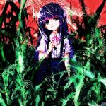  abstract_background commentary dark furude_rika glitch grass highres higurashi_no_naku_koro_ni holding holding_knife horror_(theme) knife kristianmaksak5 long_hair looking_at_viewer nature plant purple_eyes purple_hair red_sky shirt short_sleeves skirt sky smile suspenders upper_body watermark white_shirt 