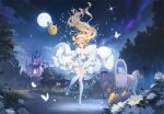  1girl absurdres azur_lane blonde_hair blue_eyes breasts bug butterfly carriage castle cleavage dress emile_bertin_(azur_lane) emile_bertin_(eclat_magique)_(azur_lane) floating flower frilled_dress frills game_asset glass_slipper hair_flowing_over highres horse long_hair manjuu_(azur_lane) medium_breasts moon night non-web_source official_alternate_costume official_art outdoors oyari_ashito self-datamine thighhighs thighs white_dress white_flower white_thighhighs 