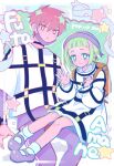  1boy 1girl backpack bag commentary green_hair harness_belt hat highres jacket kajiyama_fuuta mask mask_pull milgram momose_amane mouth_mask prison_clothes randoseru red_bag red_hair restraints shako_cap short_bangs star-shaped_pupils star_(symbol) symbol-shaped_pupils toktoksosso white_jacket 