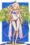  1girl absurdres armpits arms_behind_head arms_up bare_arms bare_legs bare_shoulders barefoot bikini blonde_hair blue_background blue_bikini blue_eyes blue_ribbon blush border breasts closed_mouth collarbone commentary_request dated_commentary duet_night_abyss english_commentary full_body highres long_hair looking_at_viewer medium_breasts mixed-language_commentary o-ring o-ring_top ribbon ryeon_(naturesan) see-through_clothes simple_background sleeveless solo star-shaped_pupils star_(symbol) swimsuit symbol-shaped_pupils tree truffle_(duet_night_abyss) twitter_username white_border yellow_pupils 