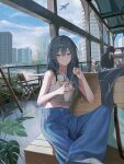  2boys 2girls absurdres aircraft airplane bare_shoulders blue_eyes blue_hair blue_nails blue_pants blue_sky building camisole closed_mouth cloud cloudy_sky commentary cup faceless faceless_male food hair_between_eyes headphones headphones_around_neck highres holding holding_cup holding_spoon ice_cream jenmin12 jet_airliner long_hair looking_at_viewer midriff_peek multiple_boys multiple_girls original outdoors pants sitting sky solo_focus spoon white_camisole 