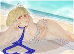  1girl alt_text antenna_hair arcueid_brunestud arcueid_brunestud_(dazzling_moon) arcueid_brunestud_(mooncancer) bandeau beach beach_towel bikini blonde_hair blue_ribbon blush breasts choker cleavage commentary day english_commentary fate/grand_order fate_(series) frilled_bikini frills hair_between_eyes hand_on_own_face hand_on_own_hip head_rest highres large_breasts leodot lying ocean official_alternate_costume on_side outdoors red_eyes resting ribbon sand short_hair sidelocks single_hair_intake smile solo swimsuit thick_thighs thighs towel water white_bandeau white_bikini 