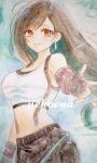  1girl artist_name bare_shoulders black_bra black_skirt bra breasts brown_hair closed_mouth commentary_request cowboy_shot crop_top earrings elbow_gloves final_fantasy final_fantasy_vii final_fantasy_vii_remake fingerless_gloves floating_hair gloves highres jewelry large_breasts light_smile long_hair looking_at_viewer low-tied_long_hair midriff nekoena outstretched_hand painting_(medium) red_eyes shirt skirt sleeveless sleeveless_shirt solo sports_bra standing suspenders tifa_lockhart traditional_media underwear watercolor_(medium) white_shirt 