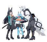  1boy 2girls absurdres animal_ear_fluff animal_ears aqua_jacket aragiken bicep_strap black_necktie black_shoes black_skirt blue_horns blue_oni blue_skin blue_tail blunt_bangs body_fur closed_eyes collared_shirt collared_vest colored_skin commentary fingerless_gloves food fox_ears fox_girl fruit full_body furry furry_male gauntlets gloves green_jacket grey_vest hair_between_horns high-waist_skirt high_heels highres holding holding_food holding_fruit horns hoshimi_miyabi jacket katana melon multicolored_horns multiple_girls muzzle_(mask) necktie oni open_clothes open_jacket pantyhose prosthesis prosthetic_leg shirt shoes single_fingerless_glove single_gauntlet skirt smile soukaku_(zenless_zone_zero) sword tail tail_belt two-tone_horns vest von_lycaon weapon white_fur white_hair white_shirt wolf_boy wolf_ears wolf_tail zenless_zone_zero 