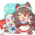  3girls ange_katrina ange_katrina_(1st_costume) animal_ears apron aqua_background aqua_hair blue_eyes boots brown_boots brown_hair brown_kimono chibi chibi_only clawed_boots colored_inner_hair commentary_request cutsan dog_ears dog_girl dog_hair_ornament fangs flower frilled_skirt frills hair_flower hair_intakes hair_ornament heterochromia inui_toko inui_toko_(1st_costume) japanese_clothes kimono kneeling lize_helesta lize_helesta_(1st_costume) long_hair long_skirt long_sleeves maid_headdress medium_hair multicolored_eyes multicolored_hair multiple_girls nijisanji no_pupils open_mouth purple_eyes red_eyes red_hair red_skirt sanbaka_(nijisanji) sebastian_piyodore skirt standing triangle_mouth twitter_username two-tone_eyes two-tone_hair upwards_triangle_mouth v-shaped_eyebrows virtual_youtuber waist_apron white_apron white_hair white_headdress yellow_eyes 