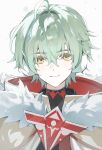  1boy absurdres ahoge alyosha_(genshin_impact) artist_name black_shirt blue_jacket cape closed_mouth colored_eyelashes commentary earmuffs freckles fur-trimmed_cape fur_trim genshin_impact green_hair hair_between_eyes highres hood hooded_cape jacket looking_at_viewer male_focus shirt short_hair simple_background smile solo turtleneck turtleneck_shirt untranslatable_commentary upper_body white_background white_cape yanjem yellow_eyes 