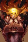  1girl absurdres attacking_viewer bare_shoulders bleach bleach:_sennen_kessen-hen blood blood_drop blood_on_arm blood_on_clothes blood_on_face breasts brown_eyes cleavage cleavage_cutout clothing_cutout commentary_request cowboy_shot floating_hair foreshortening halo highres inoue_orihime large_breasts lips long_hair looking_at_viewer navel orange_hair outstretched_arms parted_lips pewony_syaku89 shirt skirt solo straight-on torn_clothes torn_shirt torn_sleeves very_long_hair white_shirt white_skirt yellow_halo 