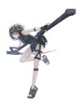  1girl absurdres ahoge arknights bare_shoulders black_eyes black_gloves black_hair black_sandals black_shirt black_shorts bracelet breasts commentary fingerless_gloves full_body gloves highres holding holding_scythe holding_weapon infection_monitor_(arknights) jewelry la_pluma_(arknights) okukin_07 sandals scythe shirt short_hair shorts sleeveless sleeveless_shirt small_breasts solo standing standing_on_one_leg weapon 