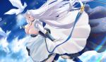  1girl absurdres azur_lane belfast_(azur_lane) belfast_(retrofit)_(azur_lane) bird blue_sky braid breasts chain cleavage cleavage_cutout clothing_cutout cloud commentary_request detached_collar dress frilled_dress frills highres huge_breasts long_dress maid maid_headdress minuo_songshu sky white_bird white_hair 