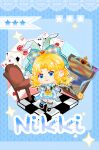  1girl :3 absurdres ace_(playing_card) ace_of_clubs alice's_adventures_in_wonderland animal_ears apron argyle_bow argyle_clothes argyle_socks asymmetrical_legwear black_shoes blonde_hair blue_apron blue_background blue_bow blue_eyes blue_socks blue_wrist_cuffs blunt_bangs bow buttons card chair chessboard chibi chinese_commentary closed_mouth club_(shape) collared_shirt commentary_request copyright_name diamond_(shape) dot_nose dress_shirt drill_hair eyelashes fake_animal_ears floppy_ears frilled_apron frilled_socks frilled_wrist_cuffs frills hair_bow hand_on_own_chest happy heart heart_print highres infinity_nikki kneehighs large_bow lolita_fashion looking_at_viewer mary_janes medium_hair mismatched_legwear nikki_(series) outline painting_(object) parted_bangs playing_card print_bow puffy_short_sleeves puffy_sleeves rabbit_ears rewound_daydream_(infinity_nikki) shirt shiyu25809 shoes short_sleeves skirt sleeve_bow smile socks solo spade_(shape) sparkle star_(symbol) tareme waist_apron waist_bow white_outline white_shirt white_skirt white_socks wrist_cuffs 