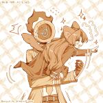  1girl 1other animal_ears commentary_request dante_(limbus_company) fang from_side full_body highres limbus_company long_hair long_sleeves mole mole_under_eye necktie nervous_sweating object_head open_mouth project_moon rodion_(project_moon) sweat tail vmein_46 